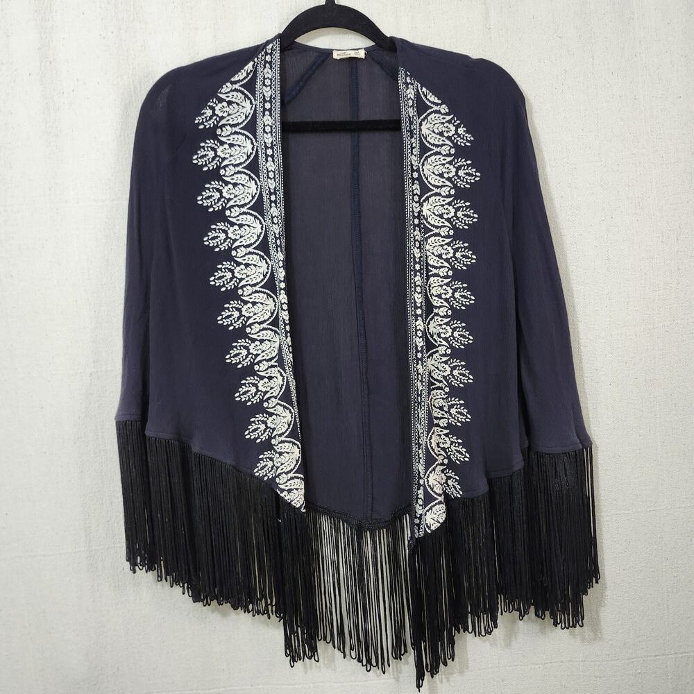 Hollister Kimono Wrap Open Front Size XS/S Cardigan Black Fringe Boho